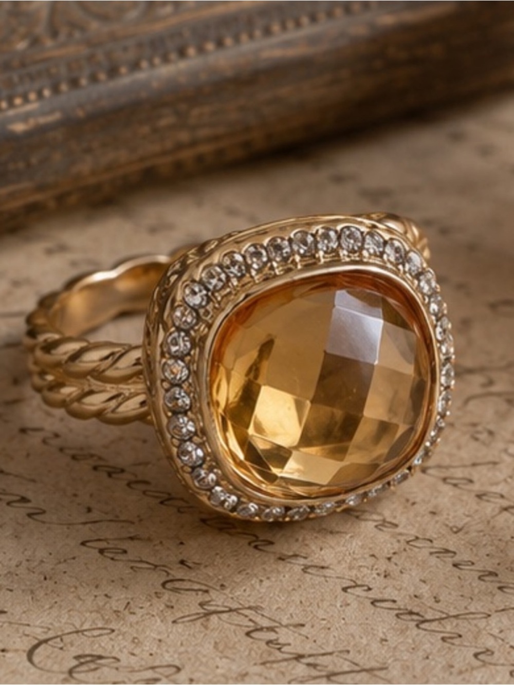 Gold Citrine Halo Statement Ring Size 8